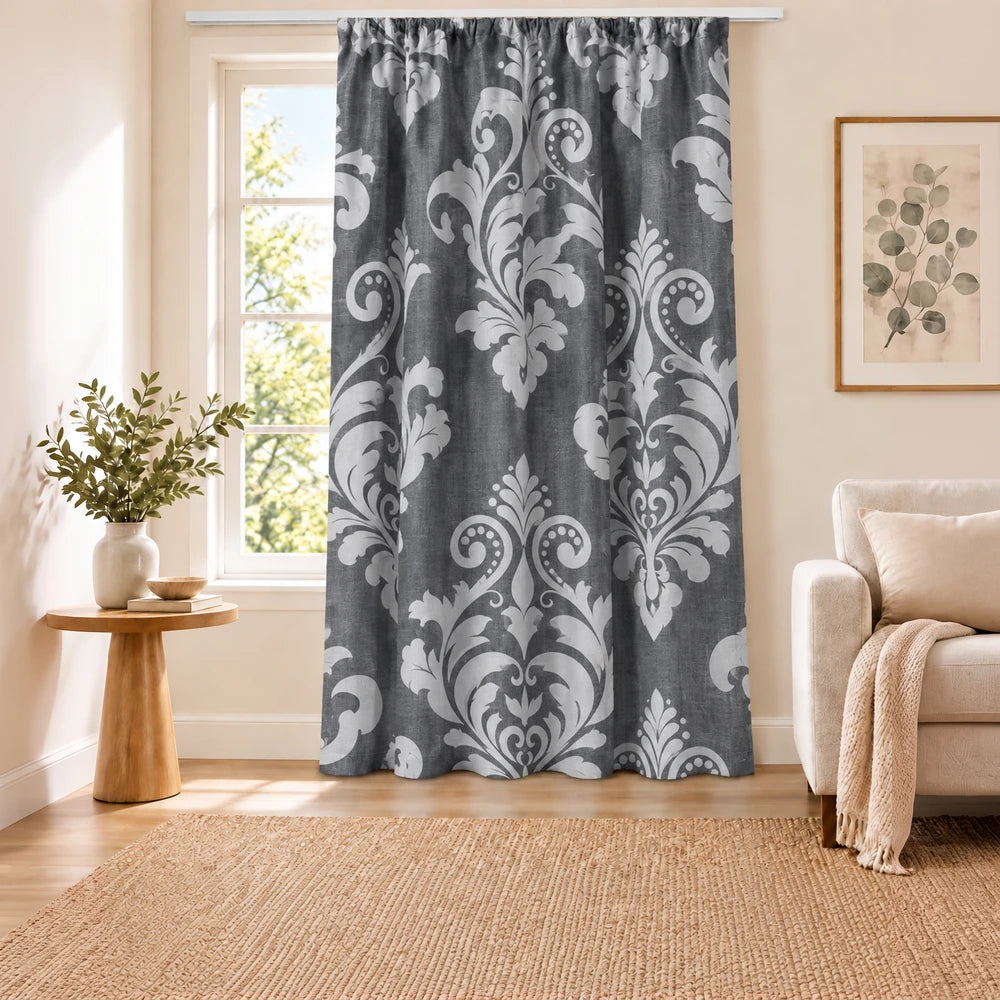 Elegant Damask paste print taped lined curtain in charcoal grey with a bold botanical damask pattern for classic home decor.