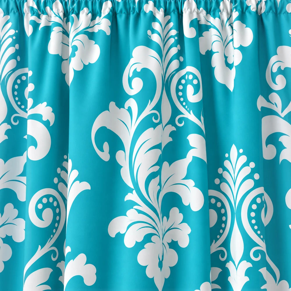 Elegant Damask Paste Print Taped Lined Curtain in turquoise with white damask pattern; ideal for living room or bedroom