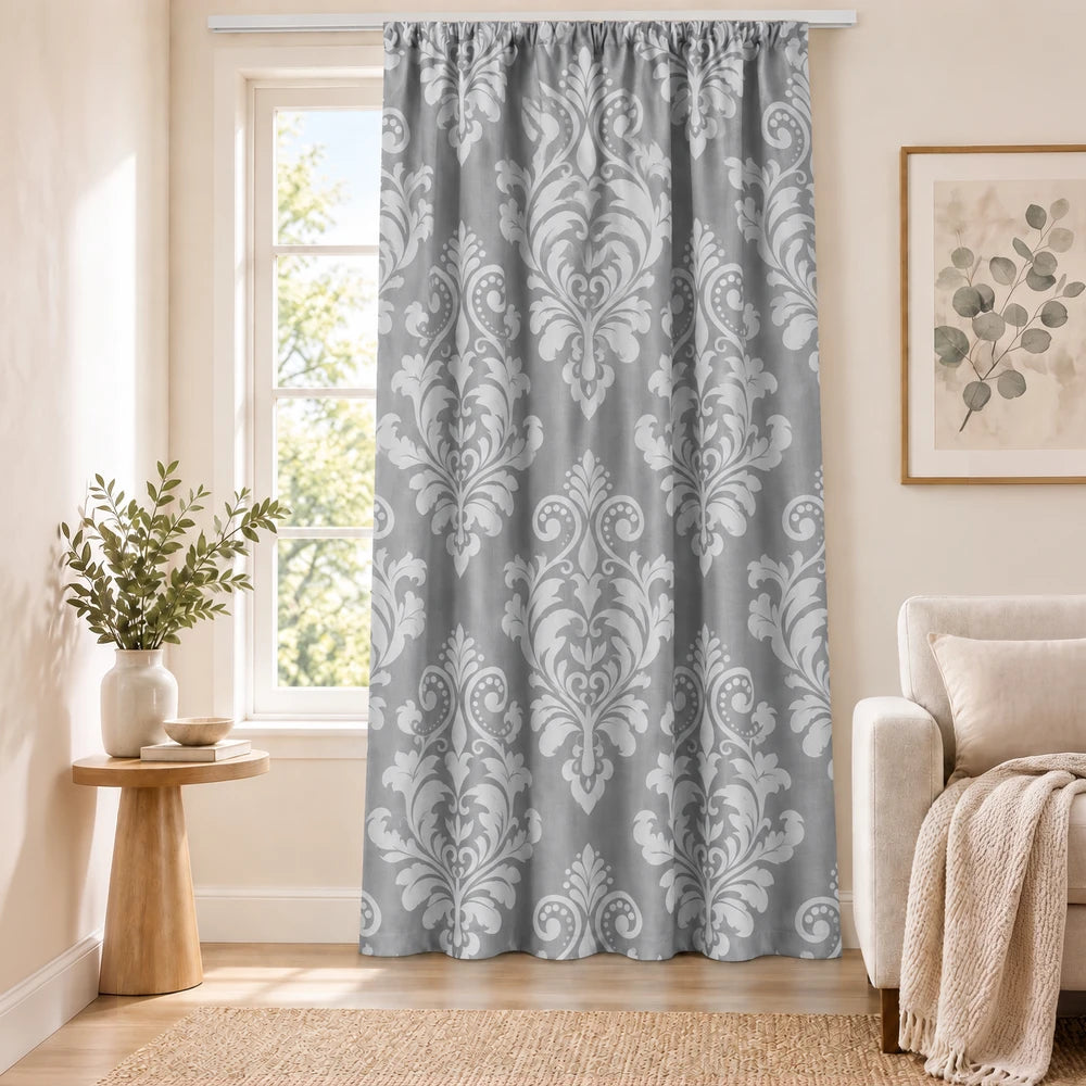 Elegant damask paste print taped lined curtain in gray with a white ornate pattern for classic windows
