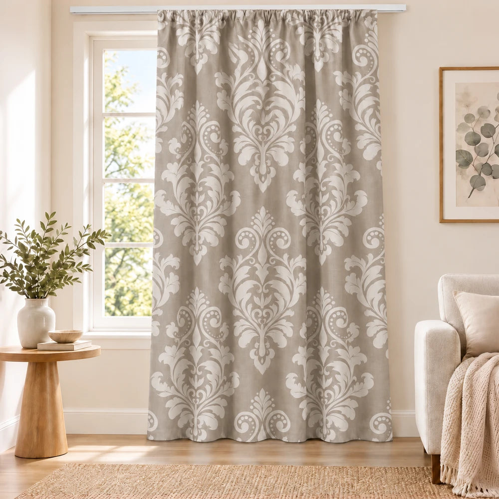 Beige taupe curtain featuring a white damask paste print, taped header and lined for classic elegance