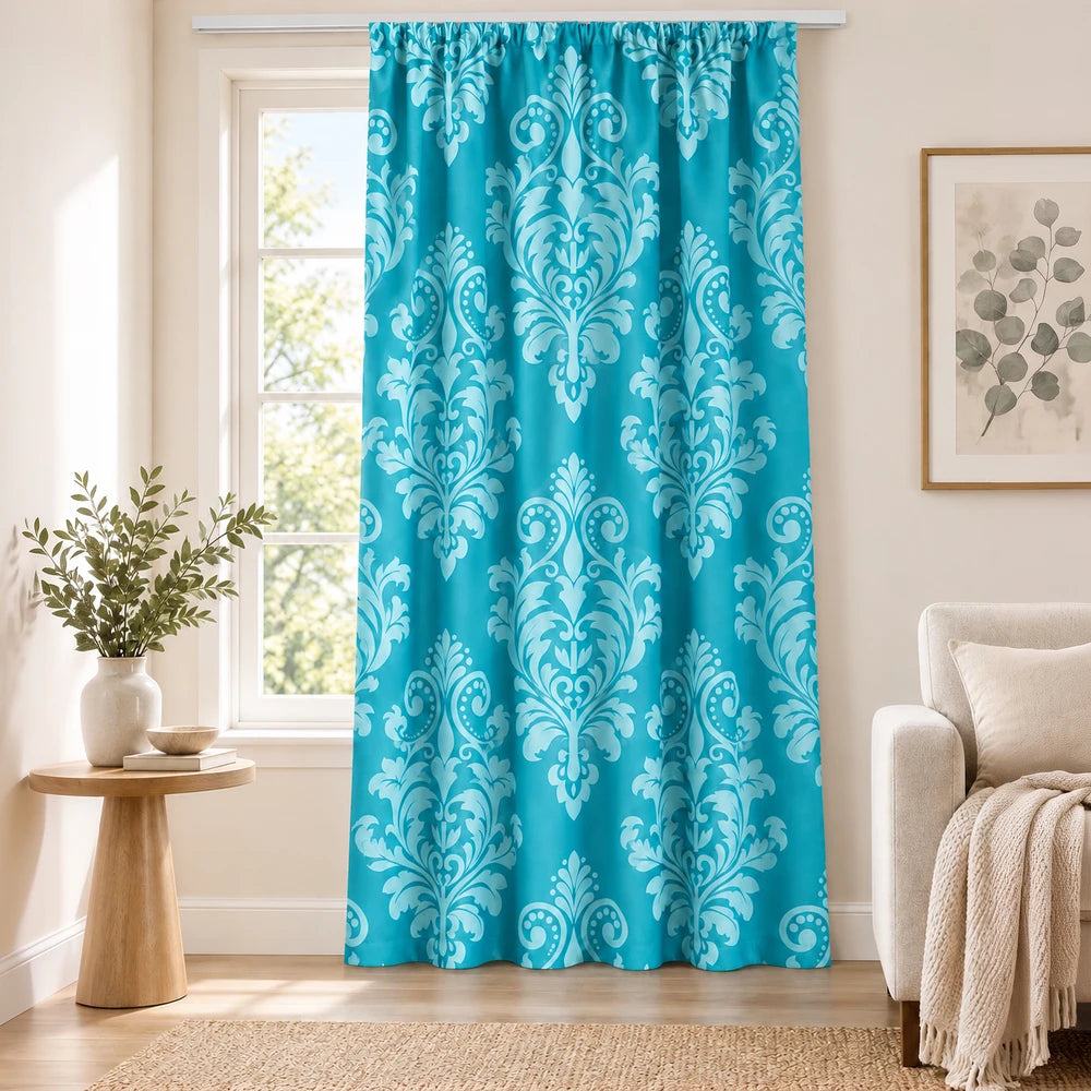 Elegant Damask paste print taped lined curtain in teal with ornate light-blue damask pattern for living room windows.