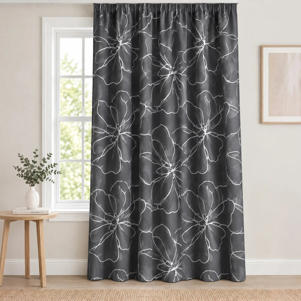 Elegant Floral Paste Print Taped Lined Curtain in charcoal gray with white flower outlines.