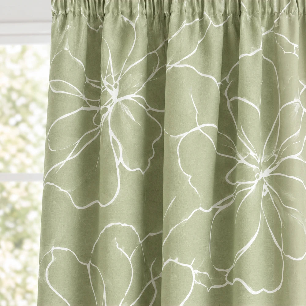 Elegant Floral Paste Print Taped Lined Curtain in green with a white floral pattern, showcasing the fabric texture and