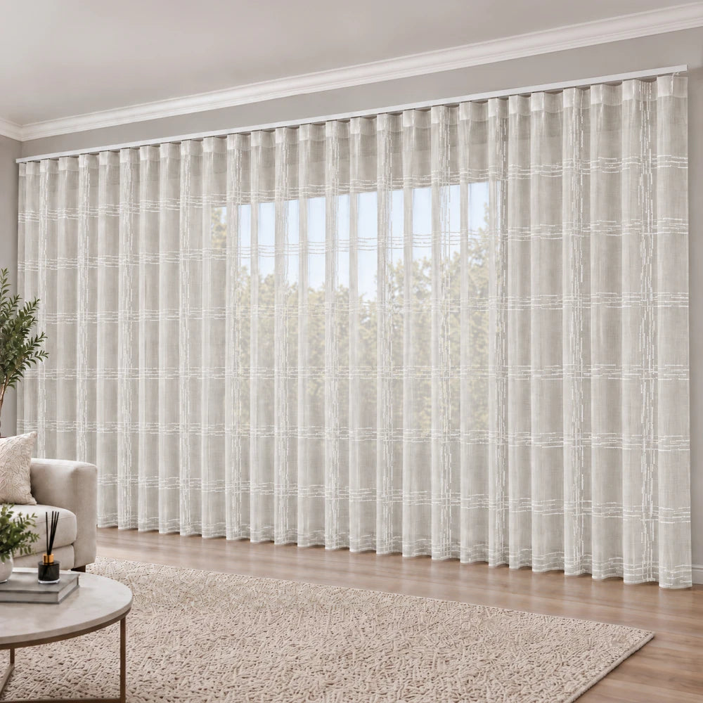 Embroidery On Slub Linen 5m Taped Curtain in beige sheer fabric with subtle white embroidery pattern.