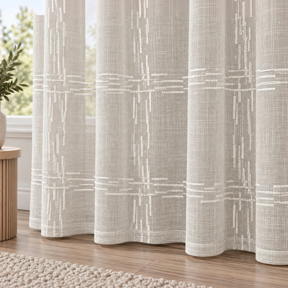 Embroidery on Slub Linen 5m taped curtain in beige with geometric stitched pattern, light-filtering window drapery.