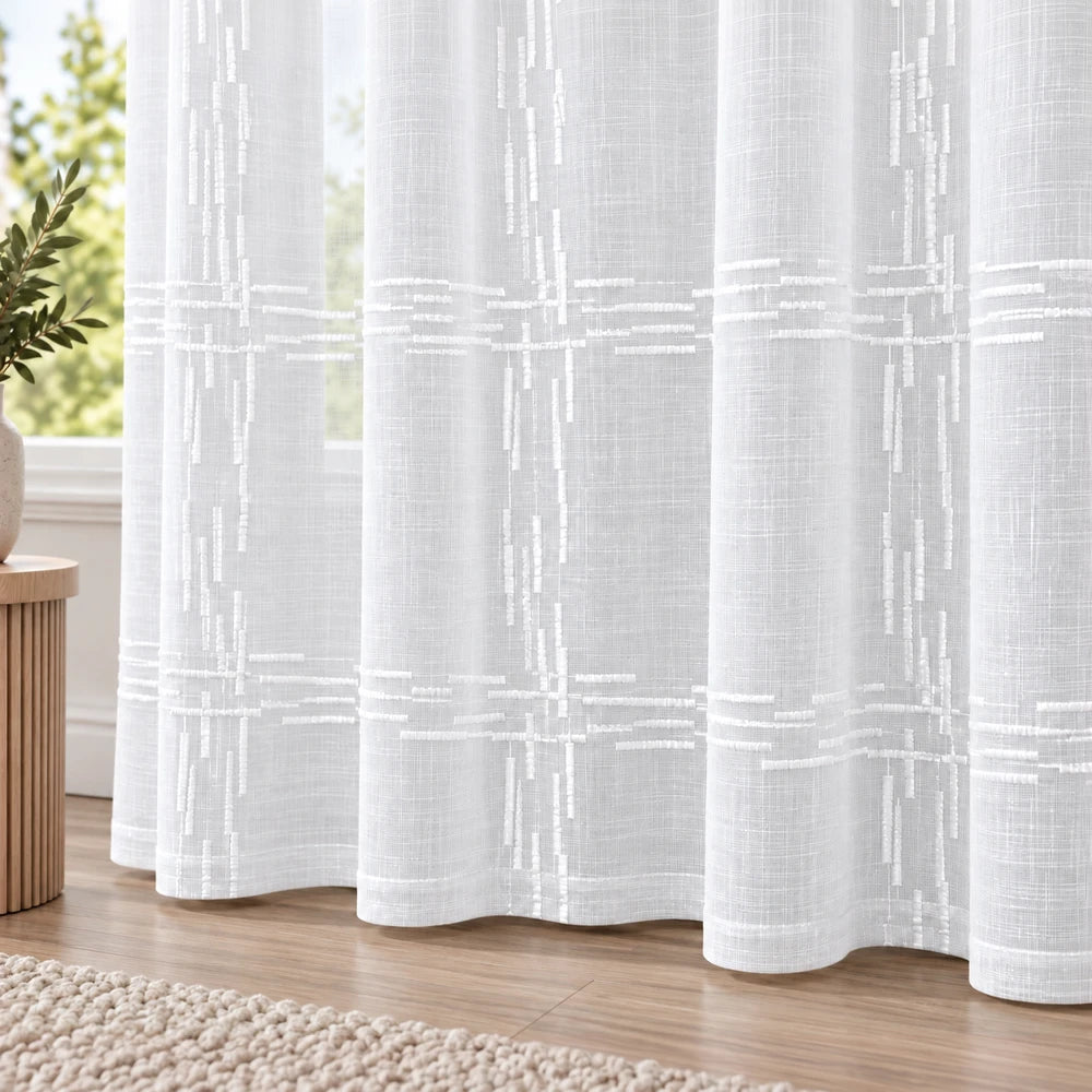 Embroidery On Slub Linen 5m Taped Curtain in white with geometric embroidery and lightweight linen texture for a soft, airy