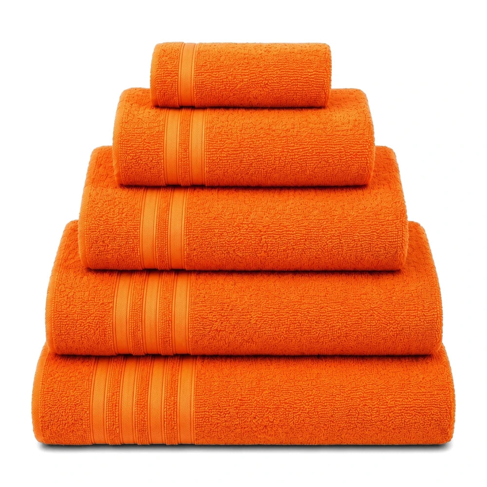 Stack of five vibrant orange Everyday Towels, made of soft terry cloth, neatly folded and stacked in a pyramid shape.