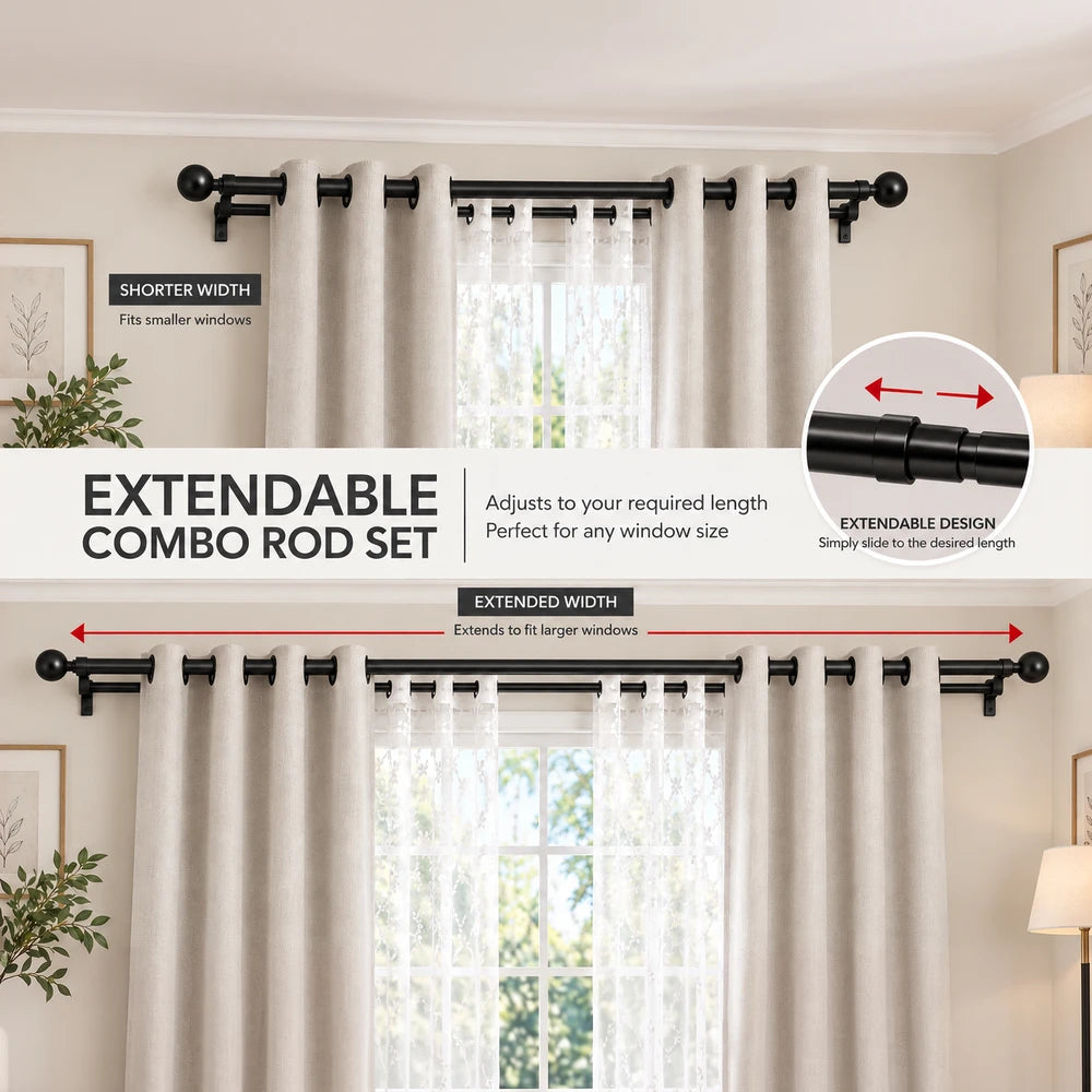 Extendable Curtain Rod Set in black hardware, adjustable length 1.5-3.0m with brackets for versatile window sizes.