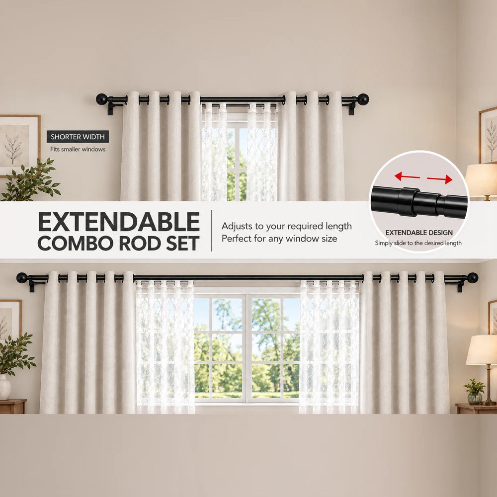 Extendable Curtain Rod 2.0-4.0M in black metal with adjustable length for any window size and easy slide mechanism.