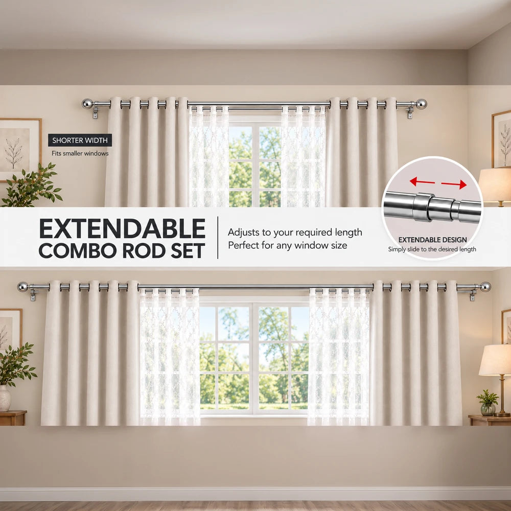 Extendable Curtain Rod 2.0-4.0m in metallic silver with adjustable length and easy slide design for any window.