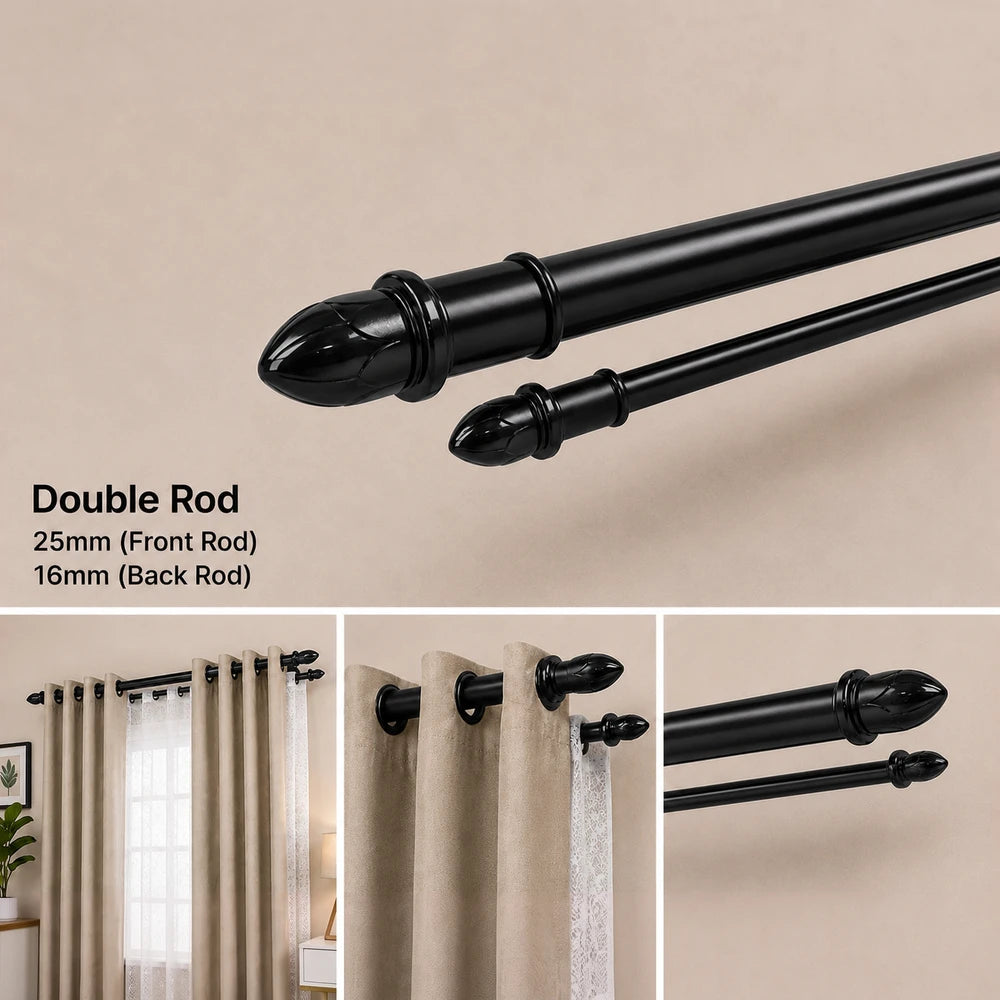 Eyelet Curtain Rod Combo in black with dual rods (25mm front rod, 16mm back rod) designed for easy curtain hanging and a