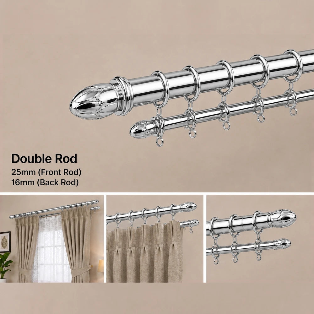 Eyelet Curtain Rod Combo with Rings in chrome finish, double rod design with 25mm front and 16mm back, includes rings for