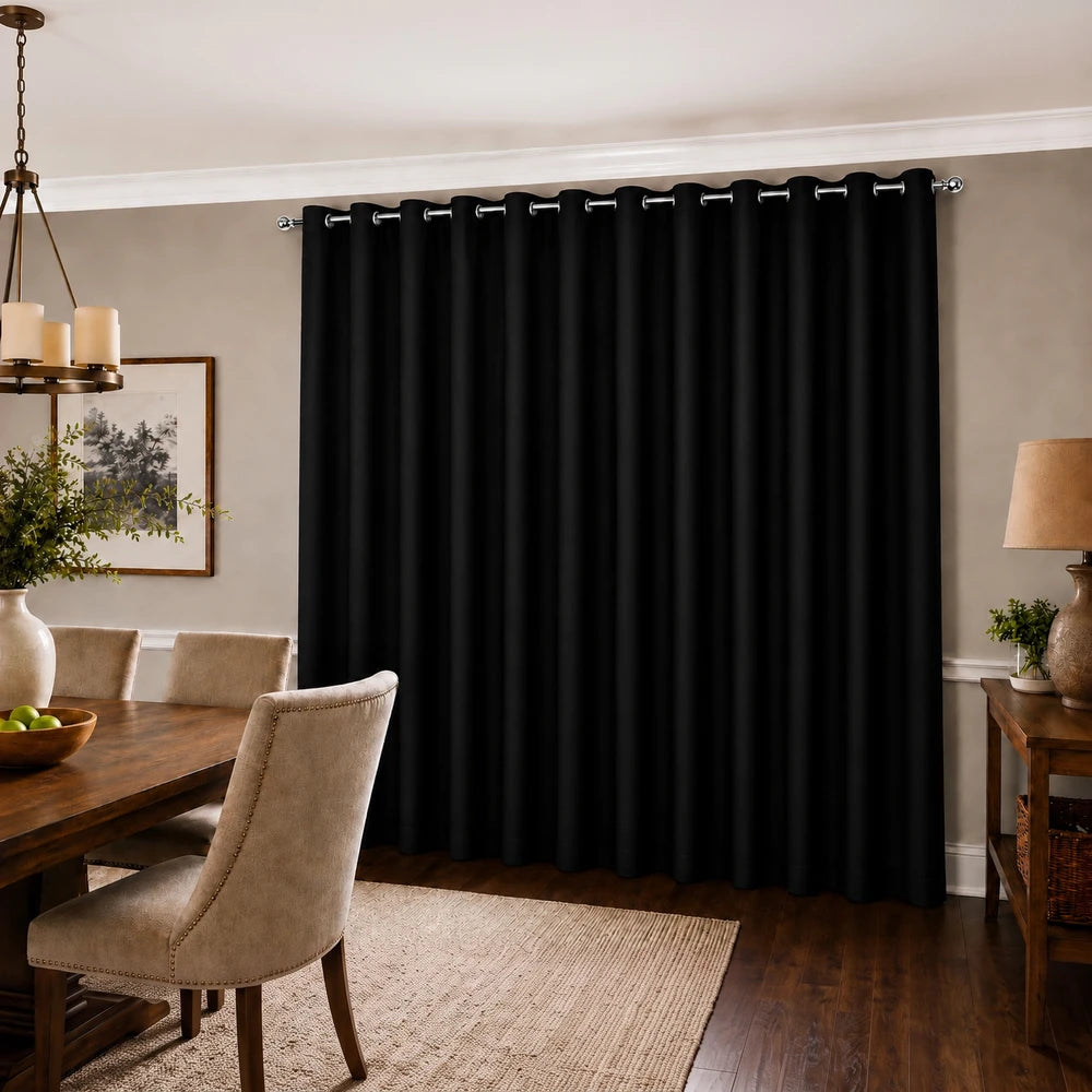 Faux Silk Eyelet Lined Curtain in black with eyelet header, room-darkening lined drape for a cohesive window look.