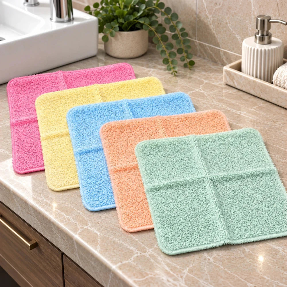 5-piece mixed colour face towel set (30 x 30 cm) in pink, yellow, blue, peach and mint, soft cotton towels.