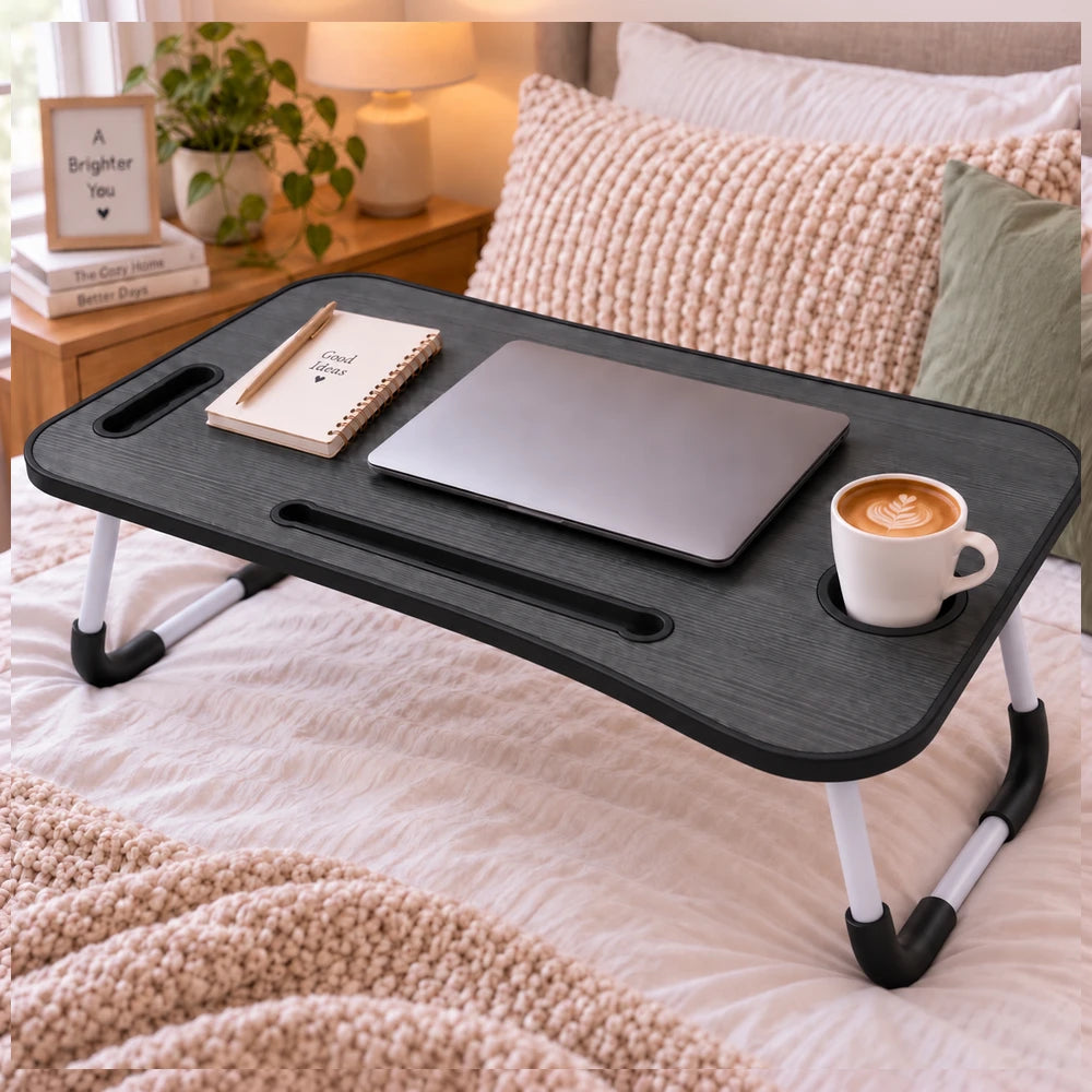 Multi-Functional Foldable Laptop Table with dark wood grain surface, portable bedside desk for laptop, notebook, and coffee.