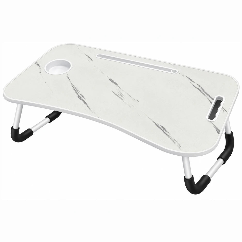 Multi-functional foldable laptop table and serving tray in white marble finish with a cup holder and built-in device slot.