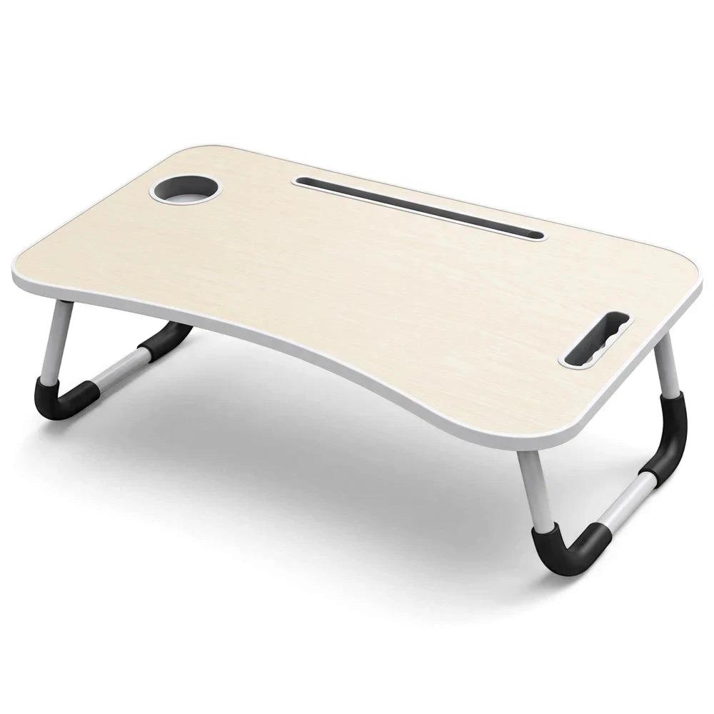 Multi-Functional Foldable Laptop Table & Serving Tray in light wood with cup holder and slotted channel.