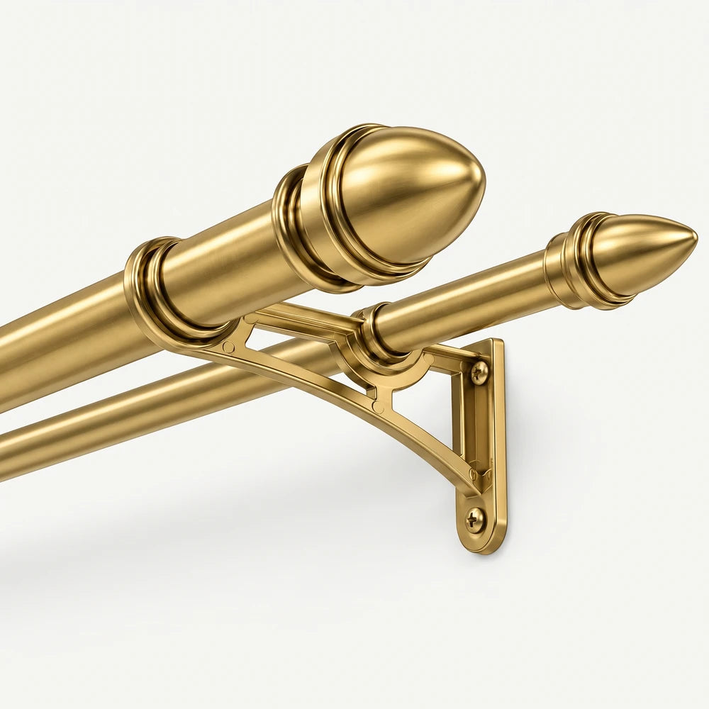 Gold 16/25mm Flat Poly Bracket with double curtain rods and decorative finials, wall-mounted view.