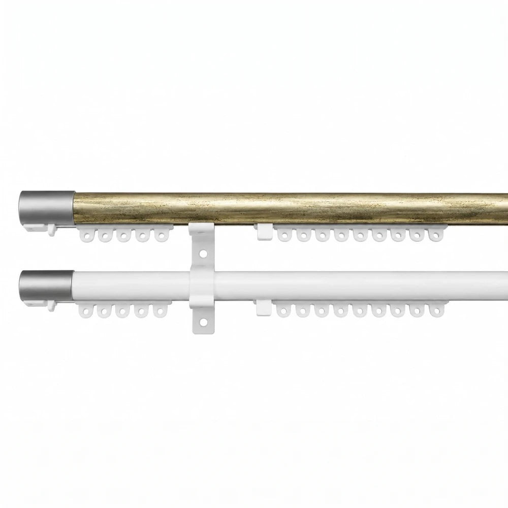 Half round pelmet and curtain track set with wood-tone brown rod and white rod, including multiple curtain rings and