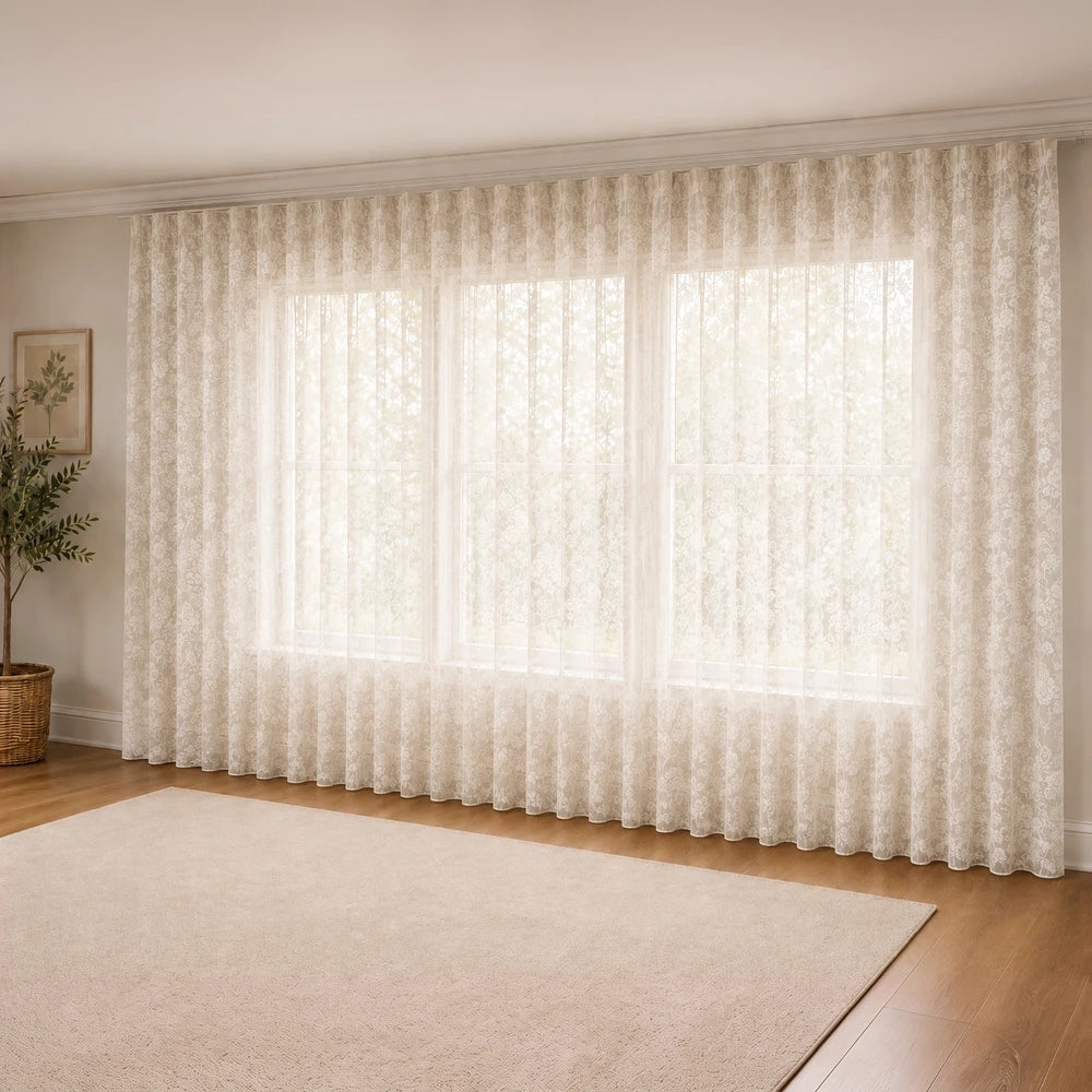 Hope Lace 5m Taped Curtain in white lace with delicate floral pattern, translucent sheers for living room windows.