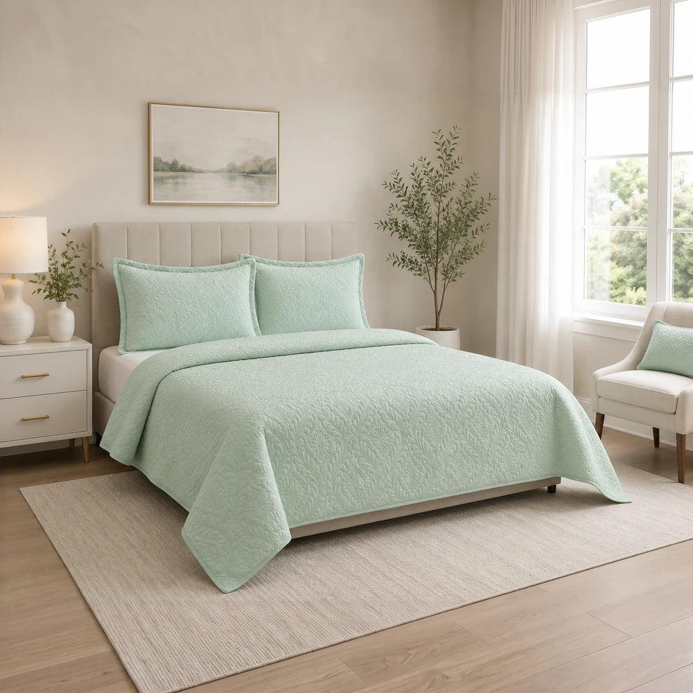 Horrockses Harmony 3D Embossed Scalloped Duvet Cover Set in mint green with quilted texture and matching pillowcases.