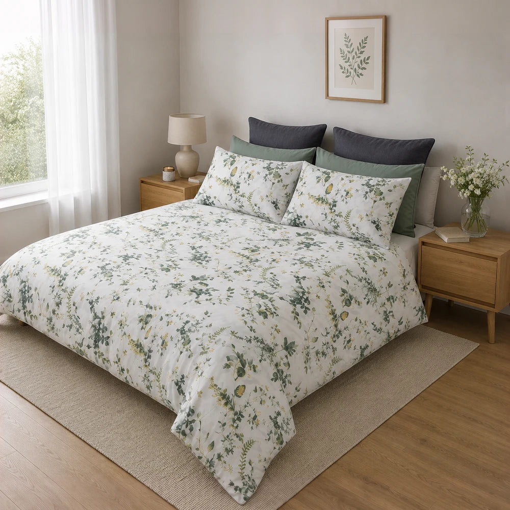 Horrockses Polycotton Duvet Cover in Cotta Leaves pattern, white with green botanical print, adds a calm natural look to the
