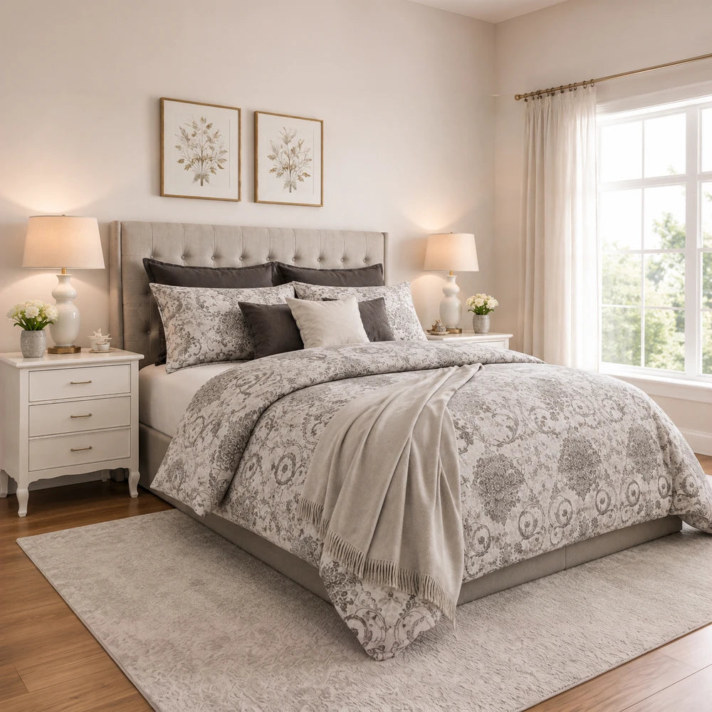 Horrockses Polycotton Duvet Cover Emily Damask in grey damask pattern with coordinated pillows and soft, neutral bedding.