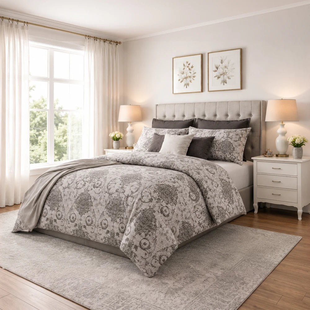 Horrockses Polycotton Duvet Cover - Emily Damask in grey damask print, polycotton fabric, on a neatly made bed.