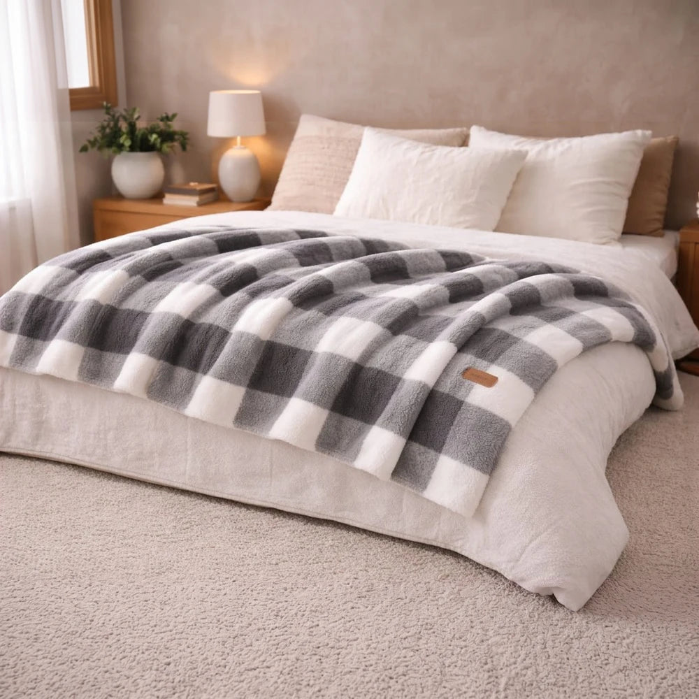 Horrockses Scottish Check Sherpa Throw in gray and white, plush plaid blanket draped over a bed for cozy bedroom warmth.