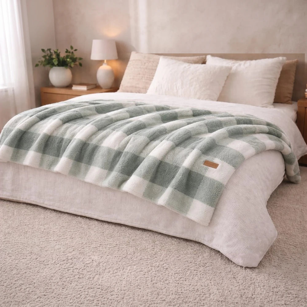 Horrockses Scottish Check Sherpa Throw in mint green and white plaid, draped over a bed for cozy warmth and comfort