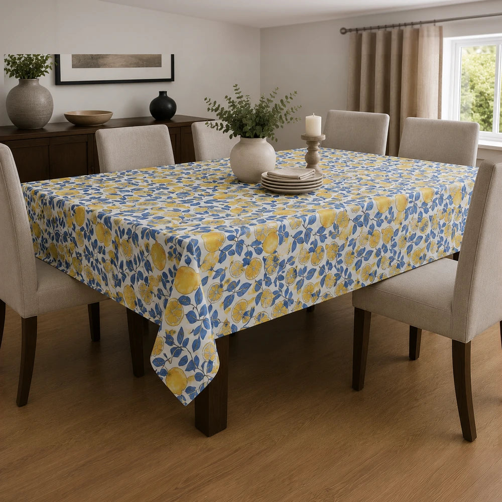Linen Look Table Cloth featuring blue and yellow lemon pattern, suitable for dining tables.