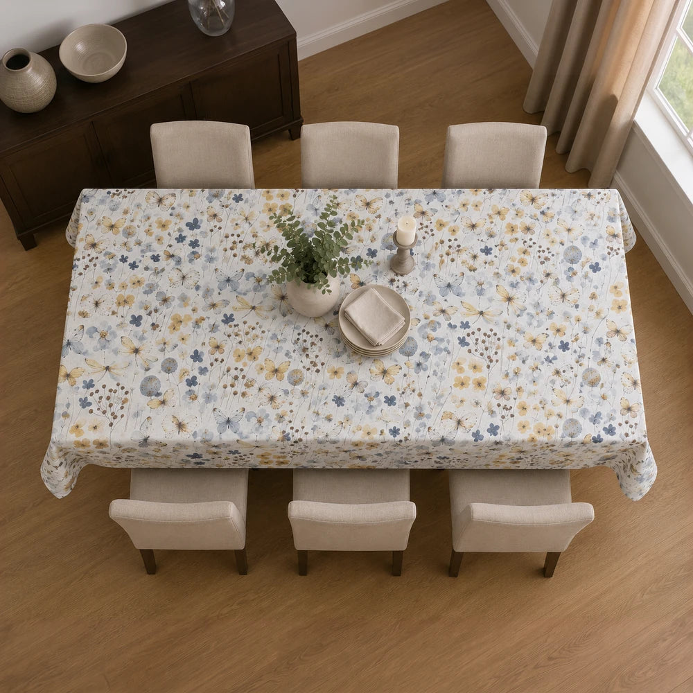 Linen Look Table Cloth featuring a blue and yellow floral pattern, draping over a dining table with neutral upholstered