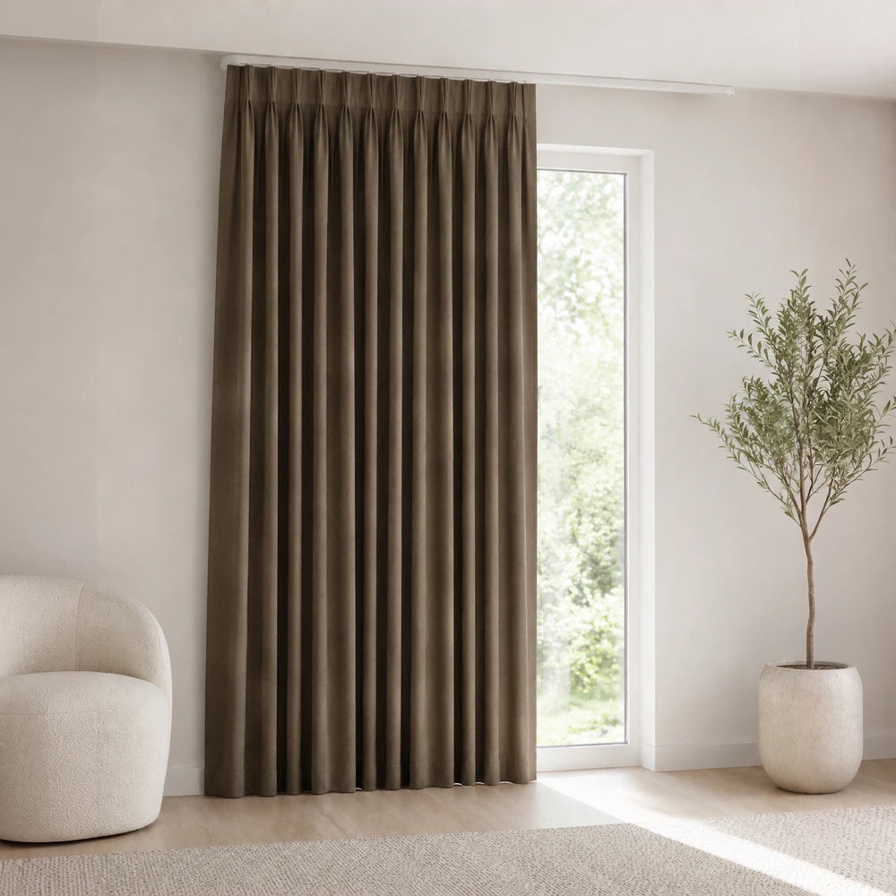 Linen-Look Unlined Taped Curtain in cocoa brown with full-length panels for elegant drape and light control.