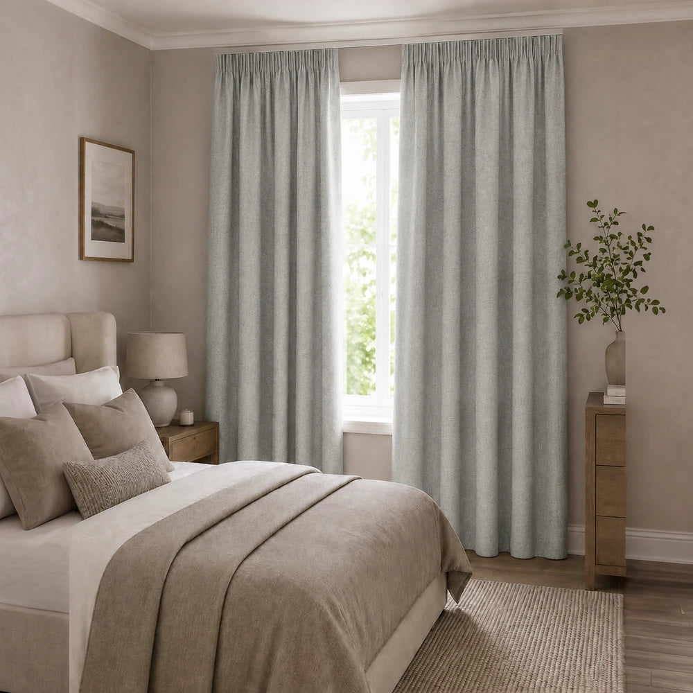 Linen textured blockout curtain in soft gray, providing privacy and light control with durable fabric and a smooth, rich