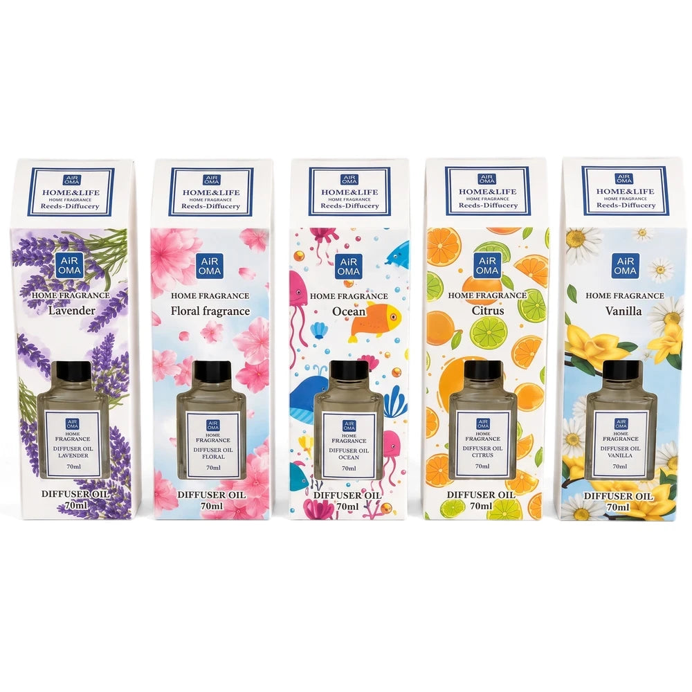 Five luxury home fragrance reed diffusers with sticks, featuring lavender, floral, ocean, citrus, and vanilla scents in