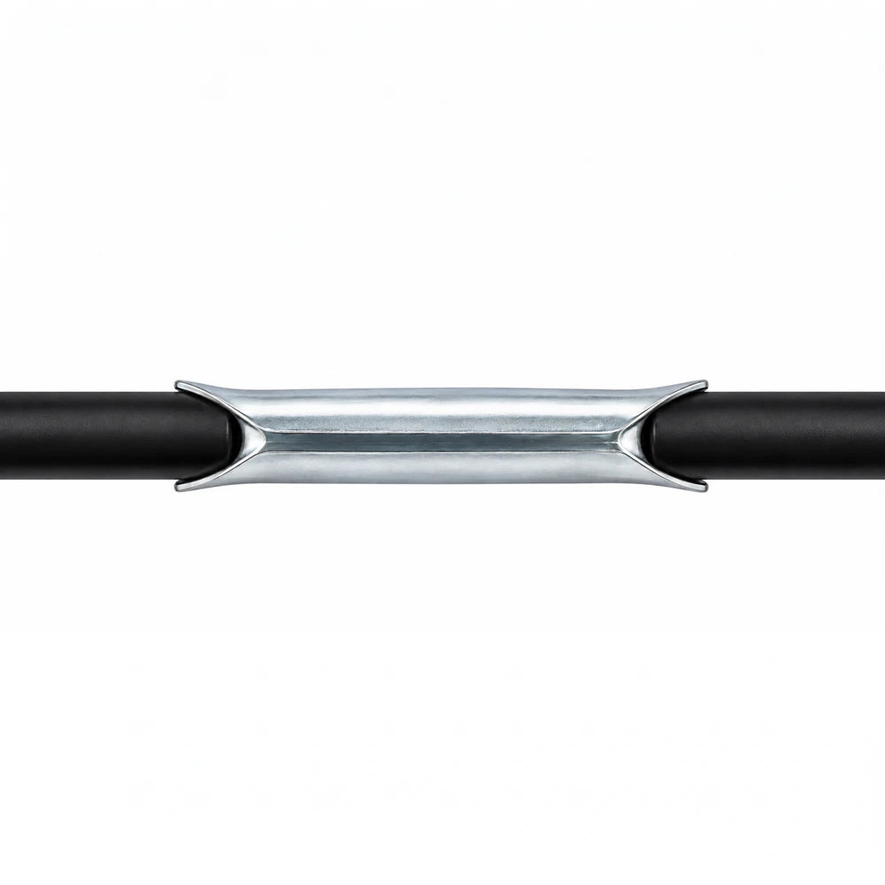 Metal Rod Joiners chrome-plated connector linking two black rods, showcasing durable metal construction and a clean junction.