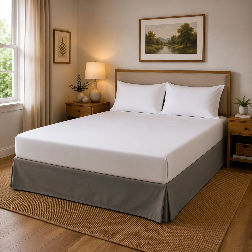 Microfibre Base Wrap in gray on a neatly made bed with white sheets in a cozy bedroom