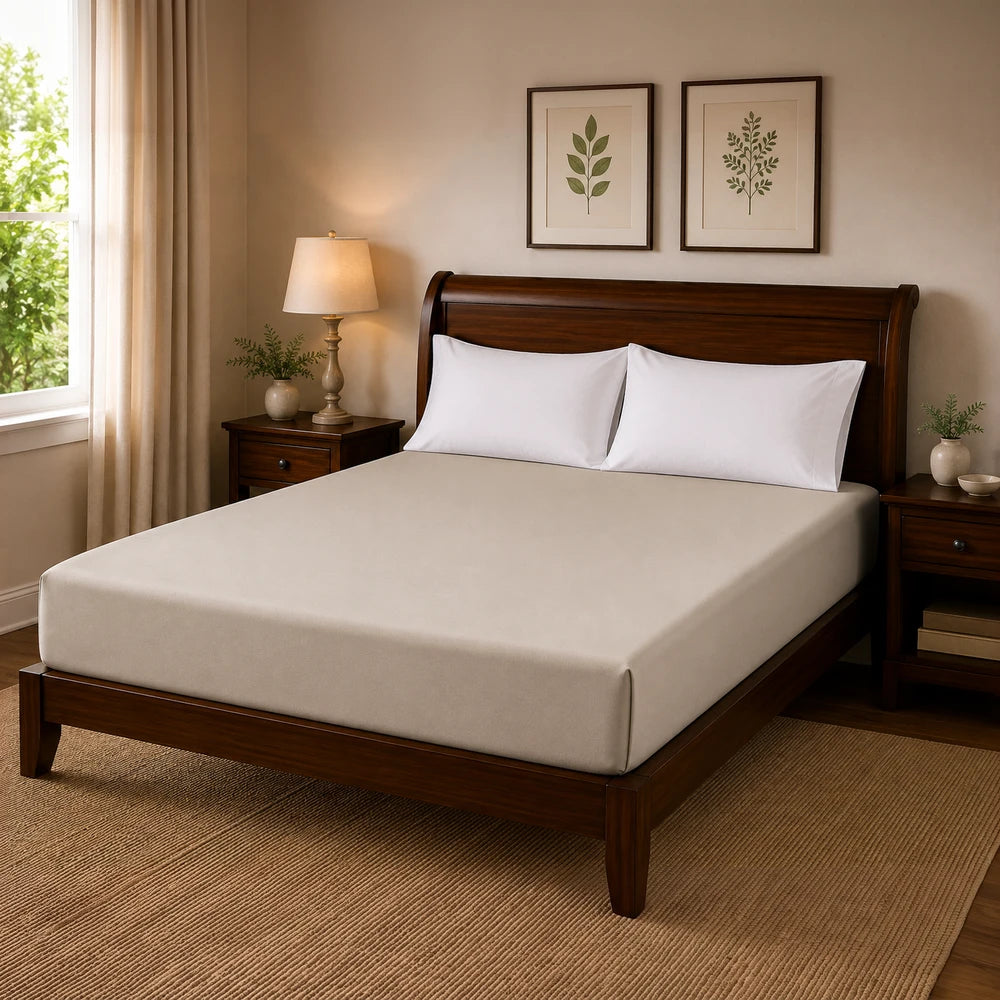 Microfibre fitted sheet on a wooden bed with a beige color and smooth, wrinkle-resistant texture, paired with white pillows.