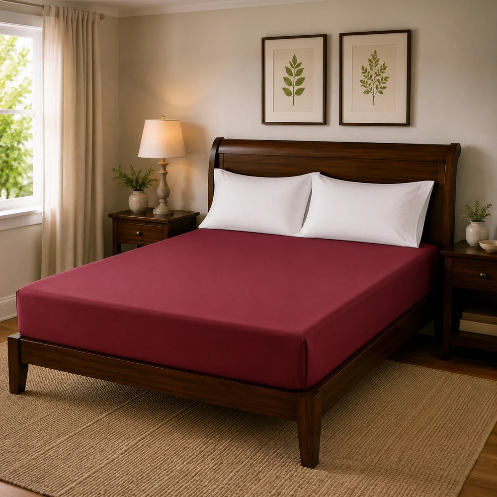 Microfibre fitted sheet in burgundy on a wooden bed with two white pillows; soft, breathable and easy-care.