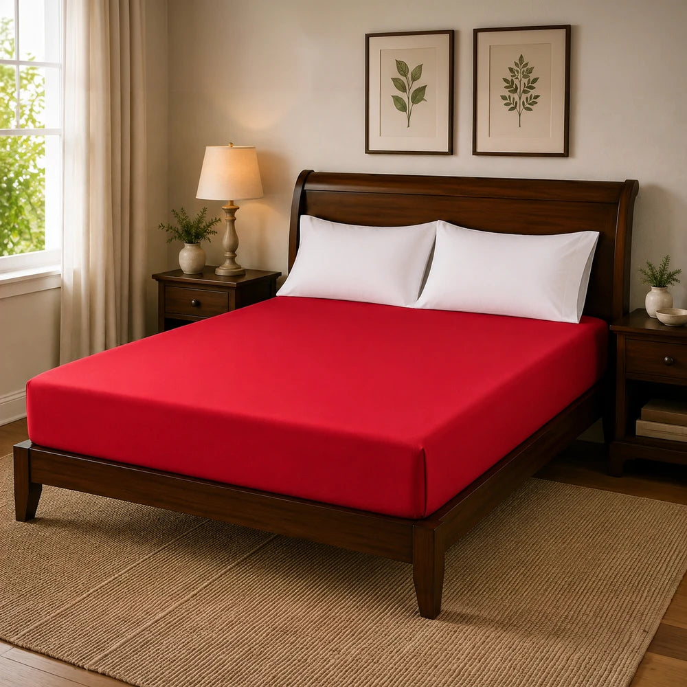 Microfibre fitted sheet in red on a wooden bed with white pillows, smooth finish and snug fit for a clean, cozy look.