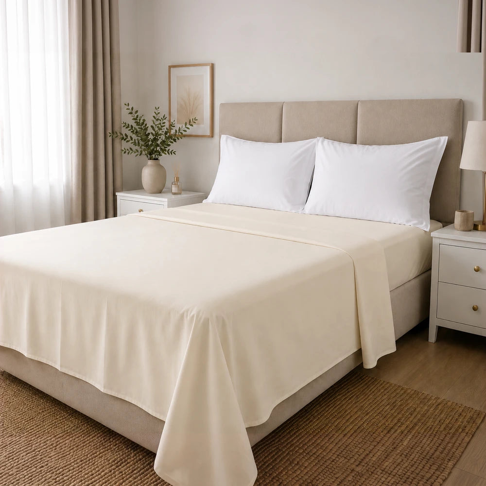 Microfibre Flat Sheet in cream on a neatly made bed with white pillows and a beige headboard.