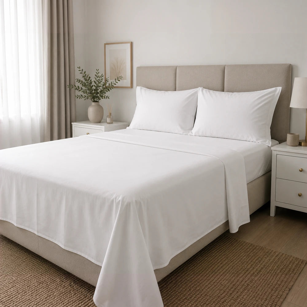 White microfibre flat sheet on a neatly made bed with white pillowcases and a beige upholstered headboard.