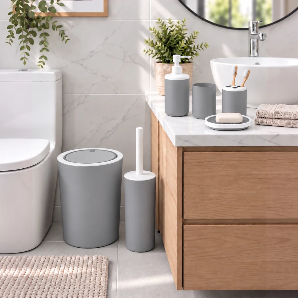 Minimalist 6-Piece Bathroom Organizer Set in gray with white accents, includes dispenser, toothbrush holder, tray and waste