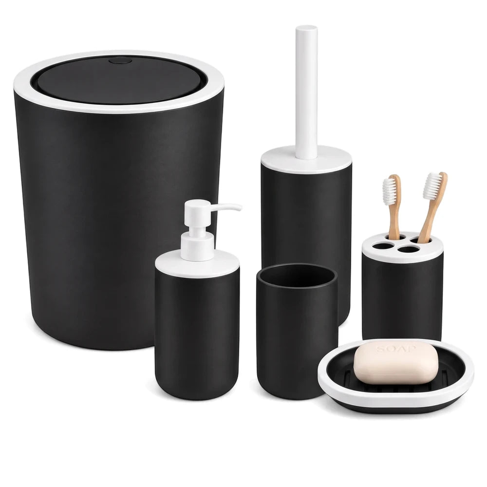 Minimalist 6-piece bathroom organizer set in black and white, featuring a trash can, soap dispenser, and toothbrush holder.