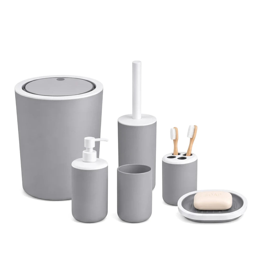 Minimalist gray and white 6-piece bathroom organizer set. Includes trash can, toilet brush, soap dispenser, cup, toothbrush
