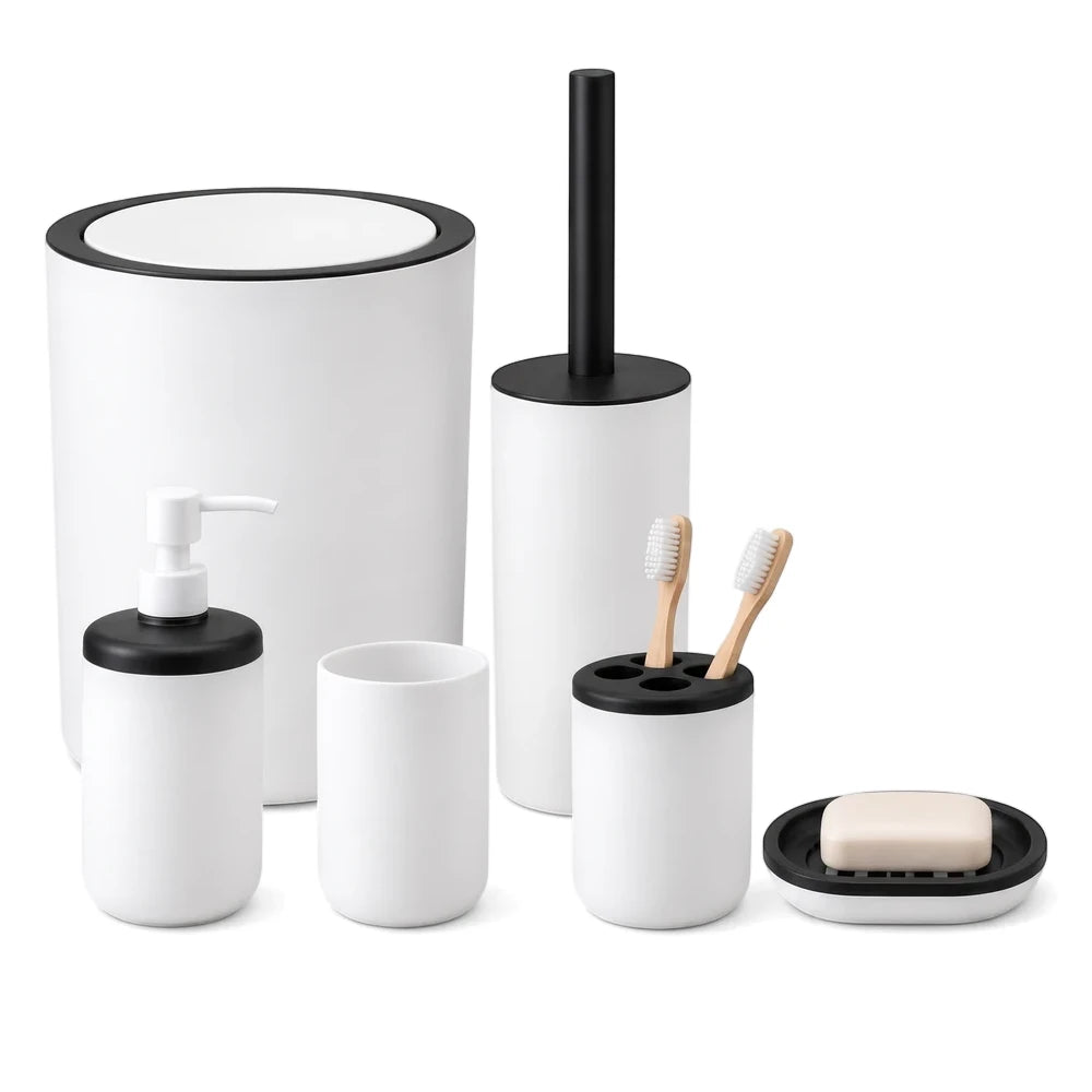 Minimalist 6-piece bathroom organizer set in white and black, including a trash can, toilet brush, soap dispenser, and