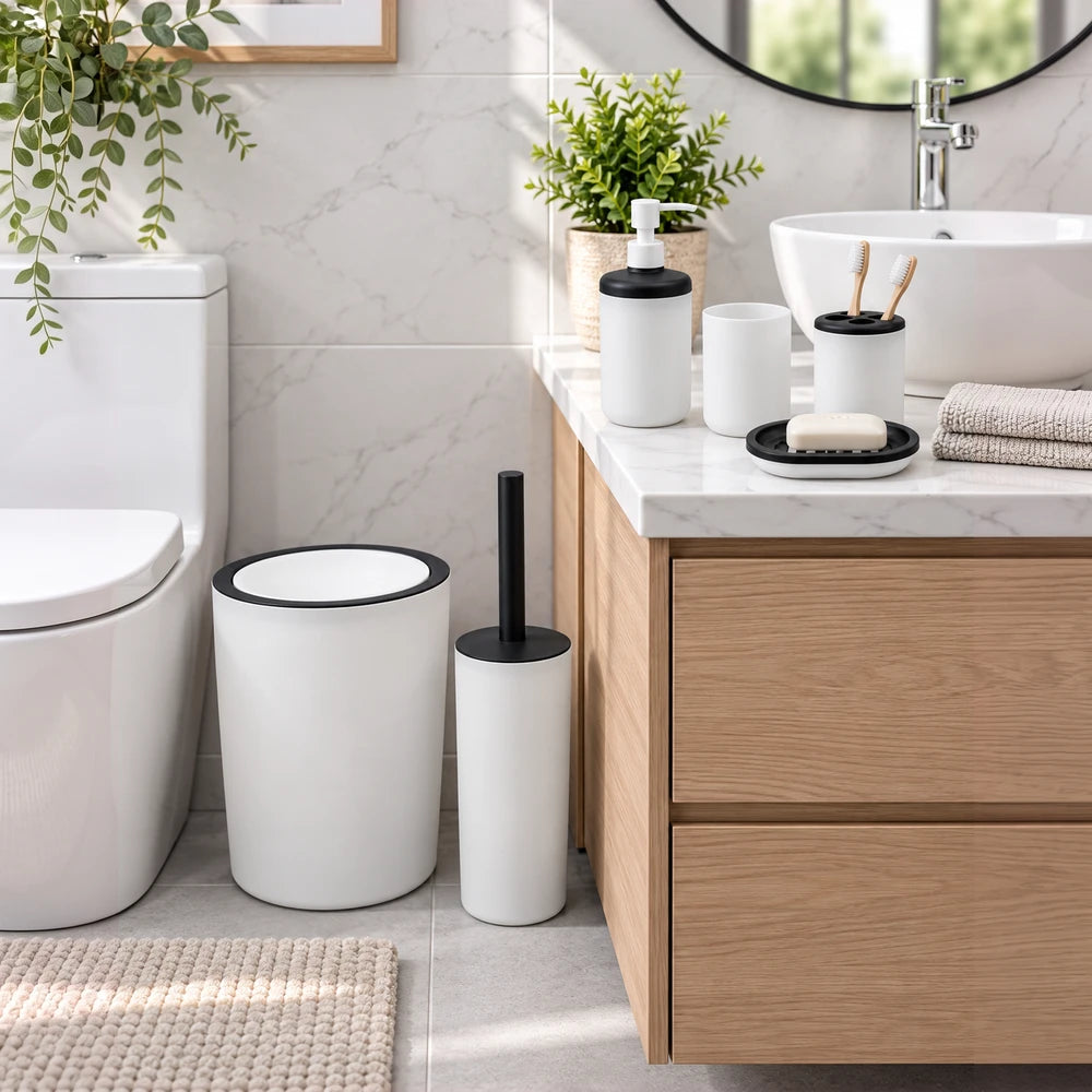 Minimalist 6-Piece Bathroom Organizer Set in white with black lids and accents, including dispenser, toothbrush cups, soap