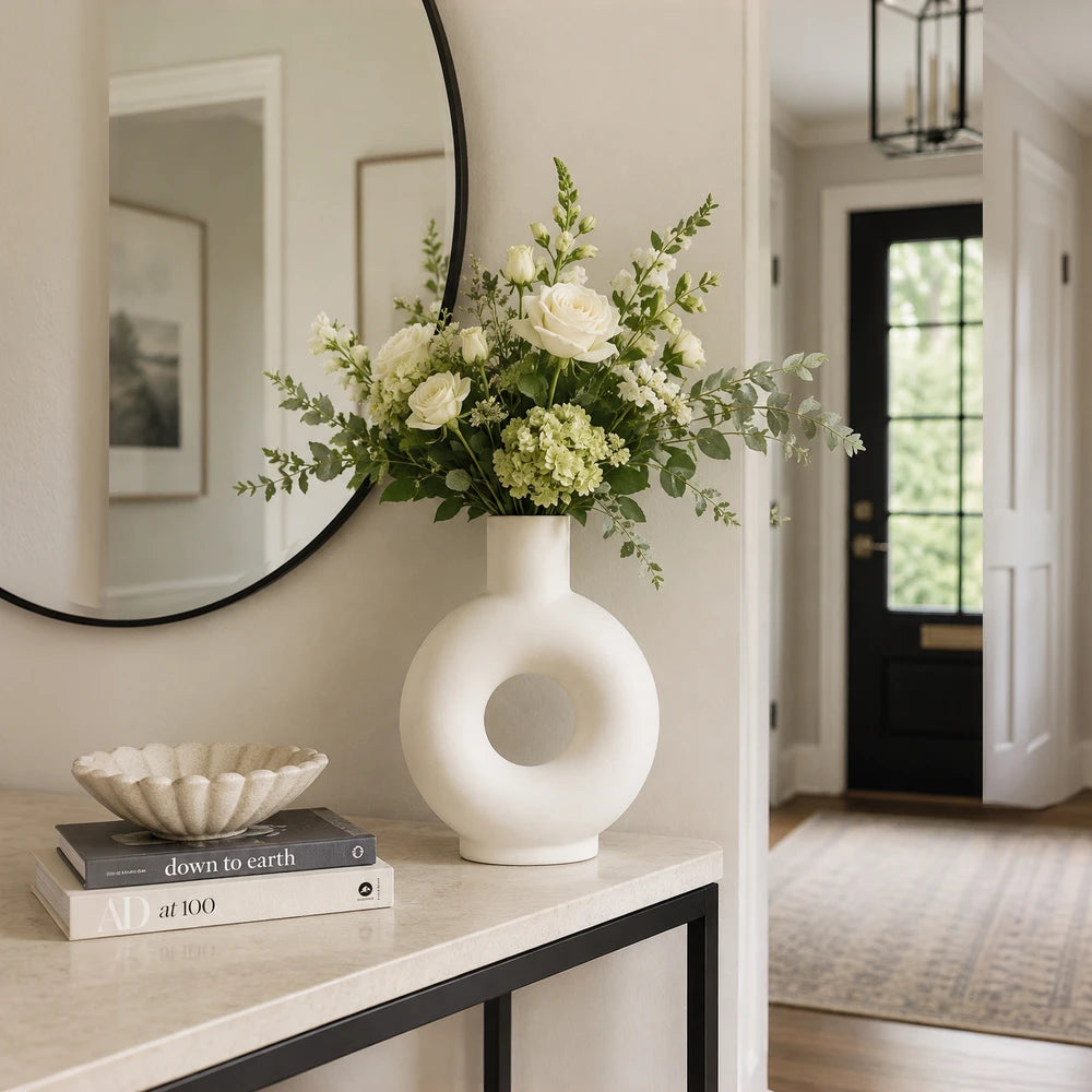 Minimalist White Ceramic Donut Vase with circular hollow center, holding white roses and greenery.