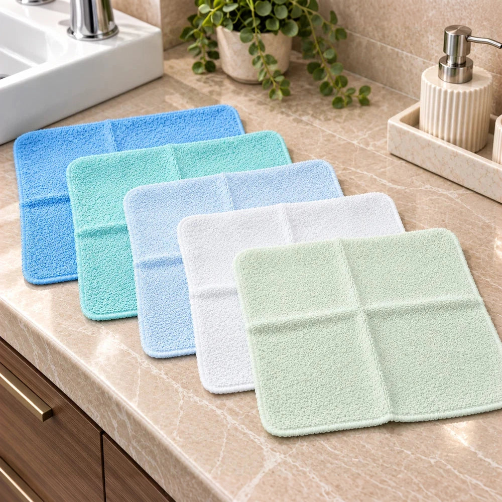 5-Piece mixed color face towel set (30x30cm) in blue turquoise light blue white and mint green; plush, absorbent cotton