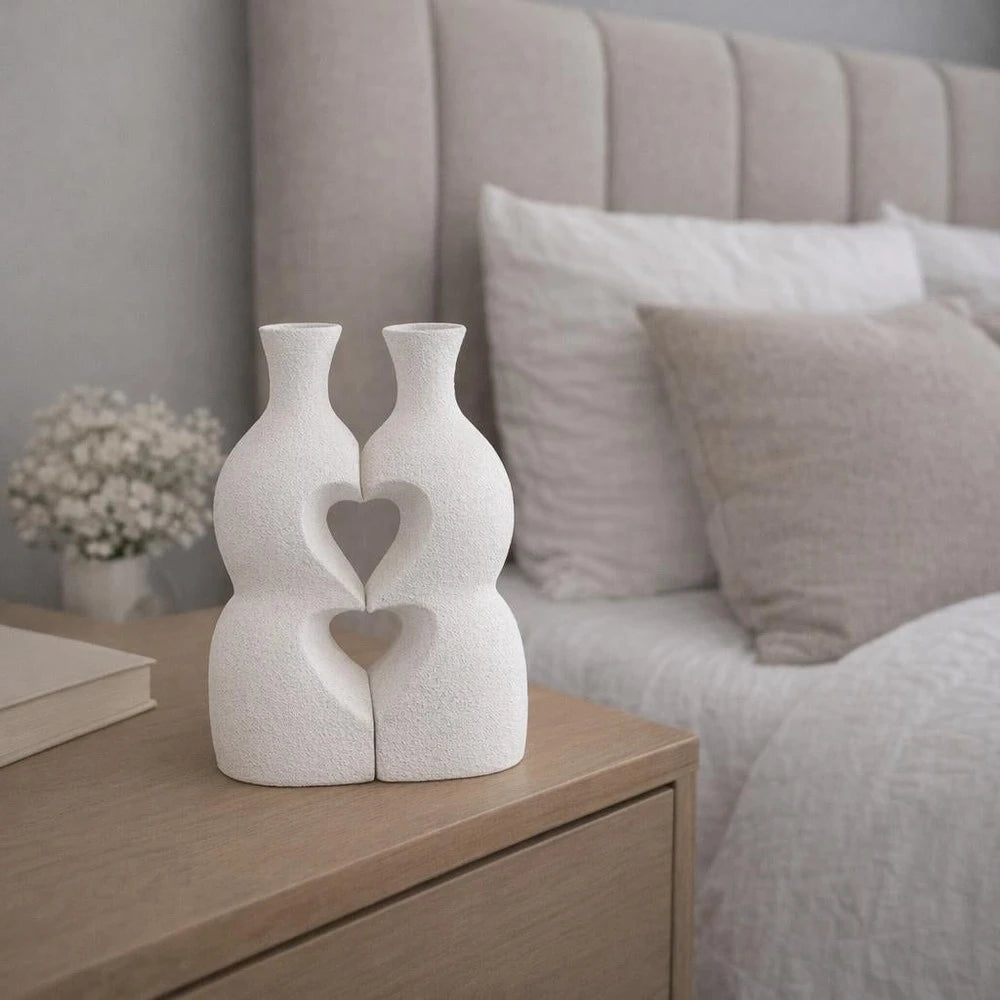 Modern Interlocking Ceramic Vase Set in white with heart-shaped negative space, two vase duo for minimalist home decor